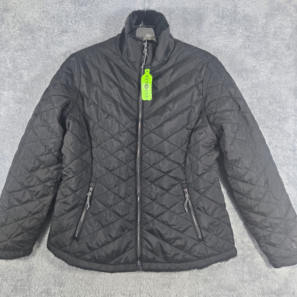 Free Country Reversible‎ Faux Fur Quilted Puffer Jacket Black Repreve Womens M